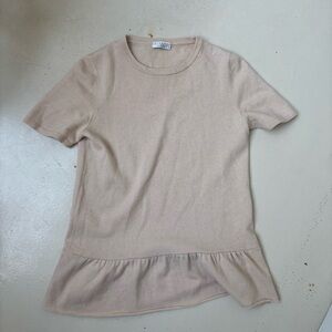 Brunello Cucinelli Cashmere Beige Crewneck Short-Sleeve Ruffle-Hem Peplum Top S
